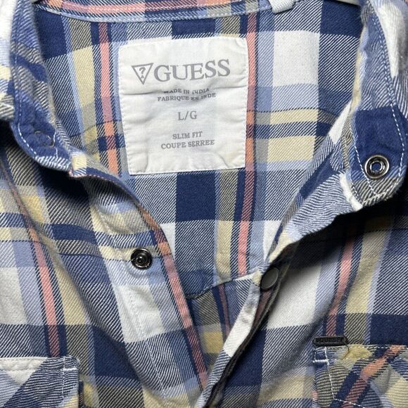Guess Mens Flannel Button Down Slim Fit Coupe Serree Shirt Western Pearl Snap L - Picture 4 of 9
